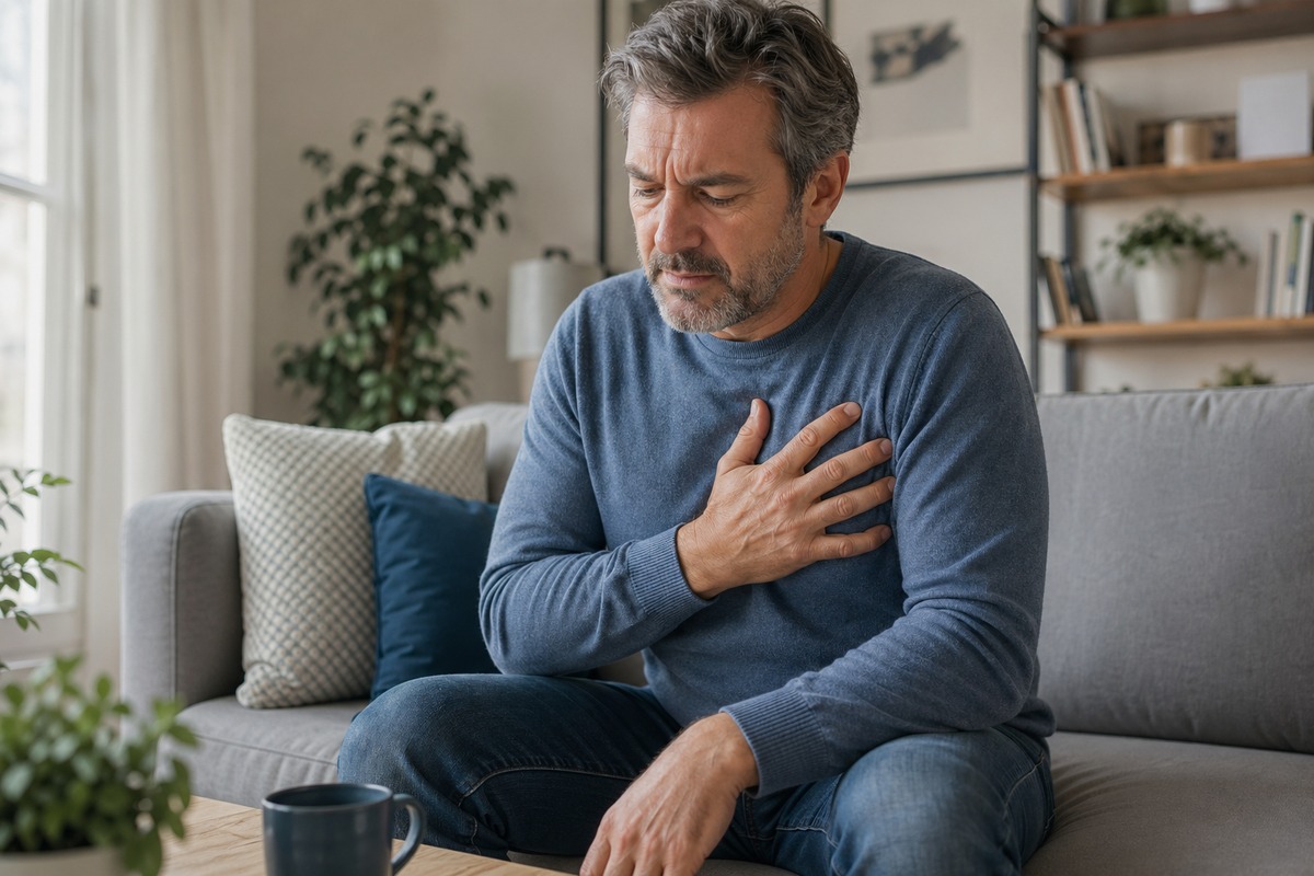 Bărbat matur ținându-se de piept, simulând o durere cardiacă