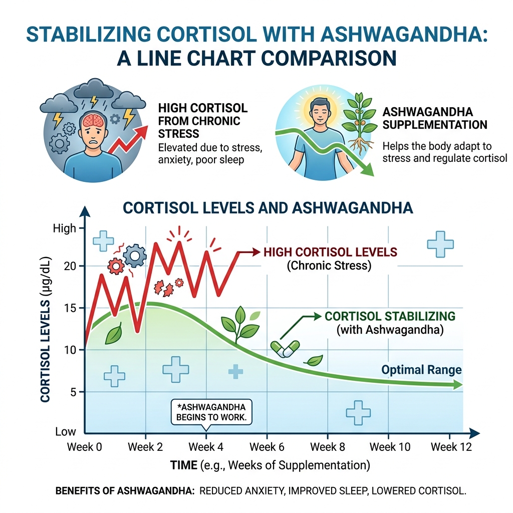 Figura 2: Ashwagandha reglează răspunsul glandelor suprarenale la stres, scăzând producția de cortizol.