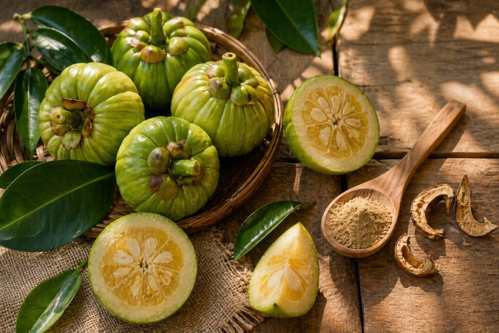 Fructul de Garcinia Cambogia și extractele botanice sunt asociate frecvent cu formulele pentru controlul greutății.