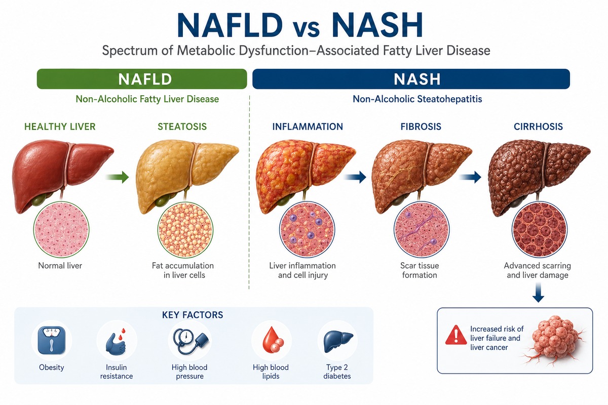 NAFLD și NASH reprezintă etape diferite ale afectării ficatului gras.