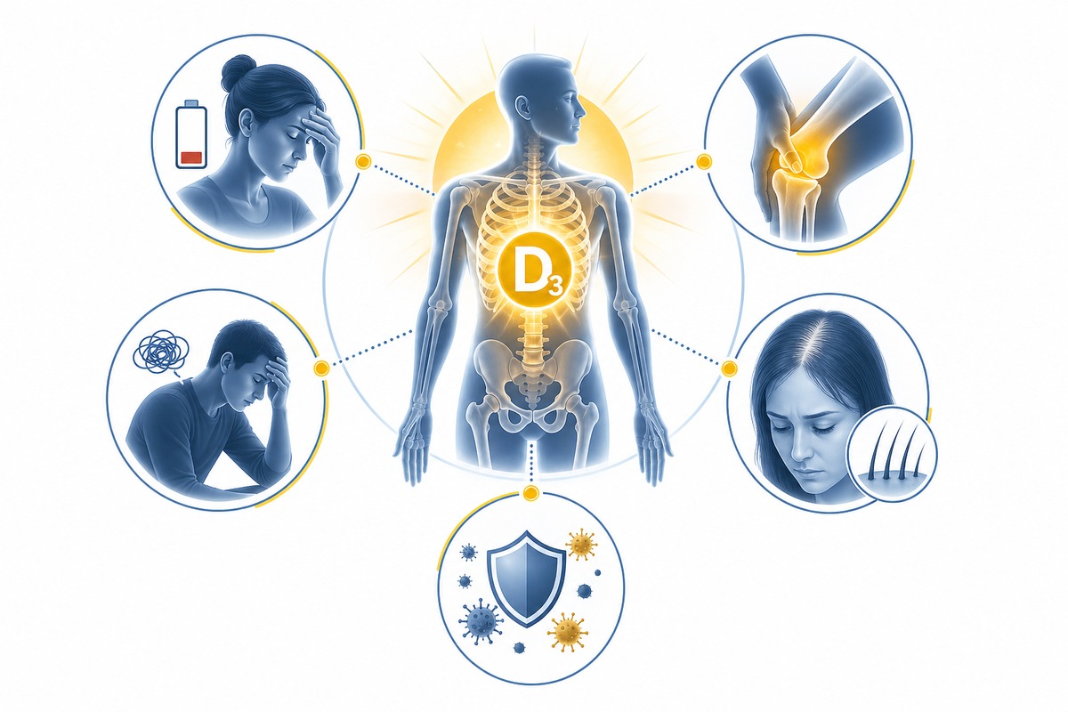 Simptomele deficitului de vitamina D3 pot afecta energia, oasele și imunitatea.