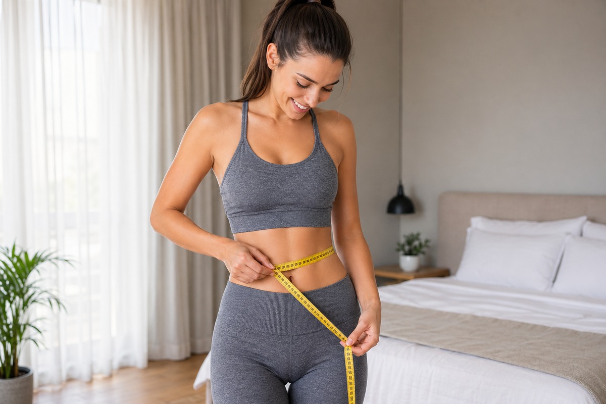 Femeie fericită măsurându-și talia după succesul cu dieta keto