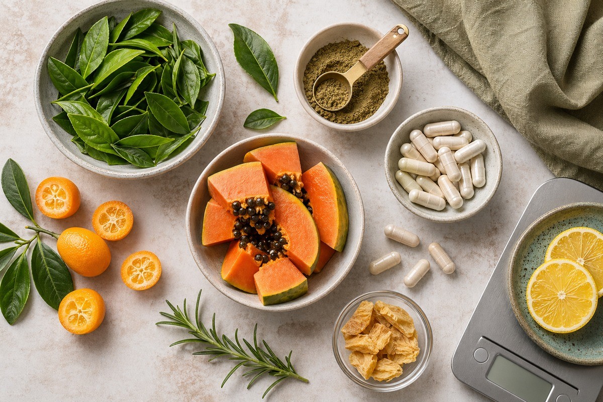 Ceaiul verde, papaya, citricele și extractele botanice ilustrează ingredientele analizate în formula ABSlim.